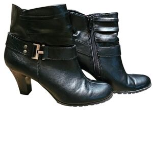 Black Leather Ankle Boots with Buckle - Women's, Sz 6